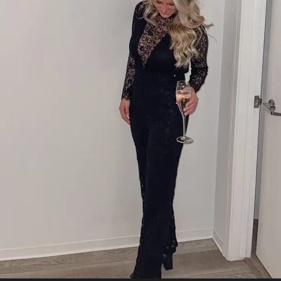 Nightcap Black Lace Flare Jumpsuit MEDIUM Bodycon Cocktail Vampire Goth USA $500 - Picture 5 of 10